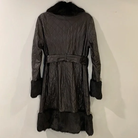 BEBE 100% Leather & Rabbit Fur Fully Lined Midi Coat
